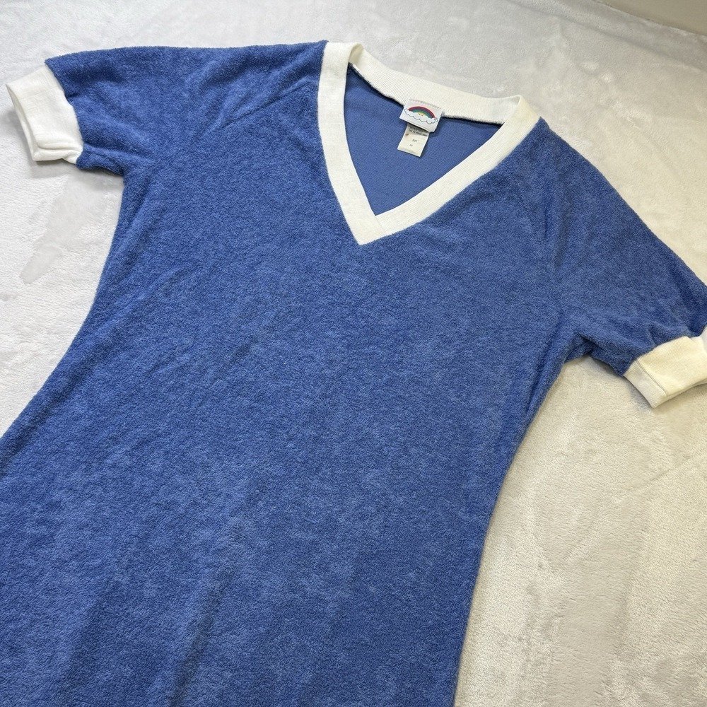 Vintage 70s Rainbow Terry Cloth Cover Up Dress Blue White Size 10P/M